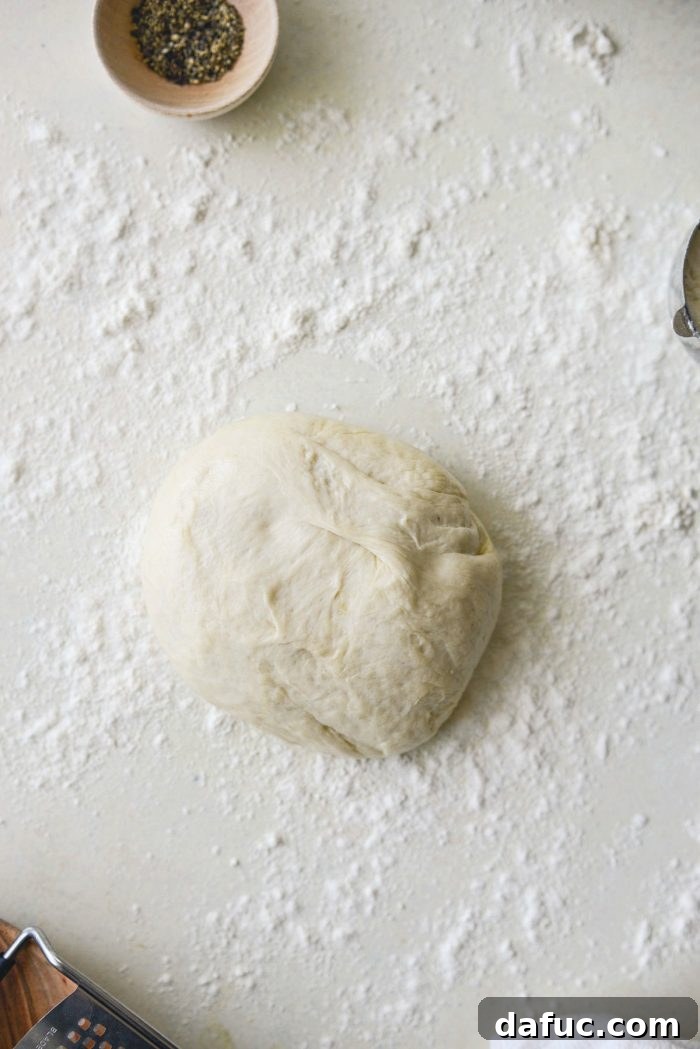 Roman Cheese and Pepper Pizza 7 A smooth ball of pizza dough resting on a lightly floured surface