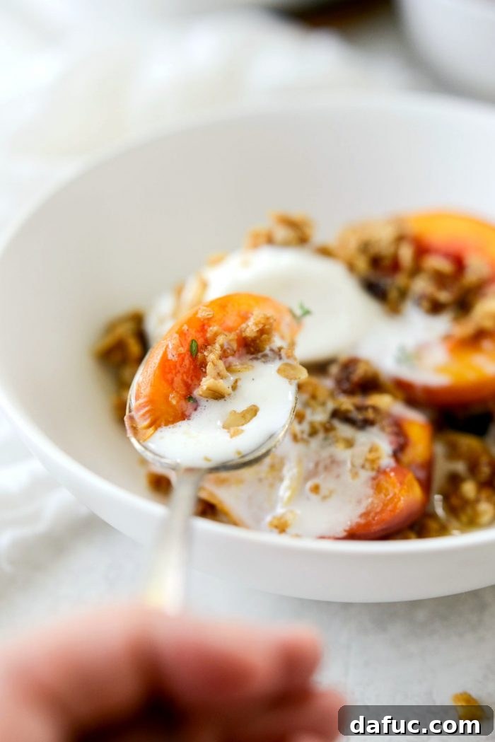 Spoonful of vanilla ice cream with Baked Nectarines with Oatmeal Cookie Crumble