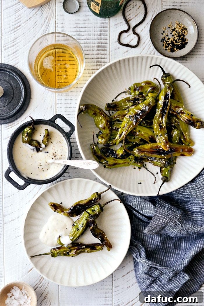 Sesame-Kissed Blistered Shishito Peppers with Zesty Lemon Garlic Aioli 17 A complete serving of blistered shishito peppers and a bowl of lemon garlic aioli, beautifully presented