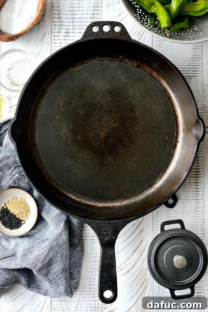 Sesame-Kissed Blistered Shishito Peppers with Zesty Lemon Garlic Aioli 7 A robust cast iron skillet, essential for achieving the perfect blister on the shishito peppers