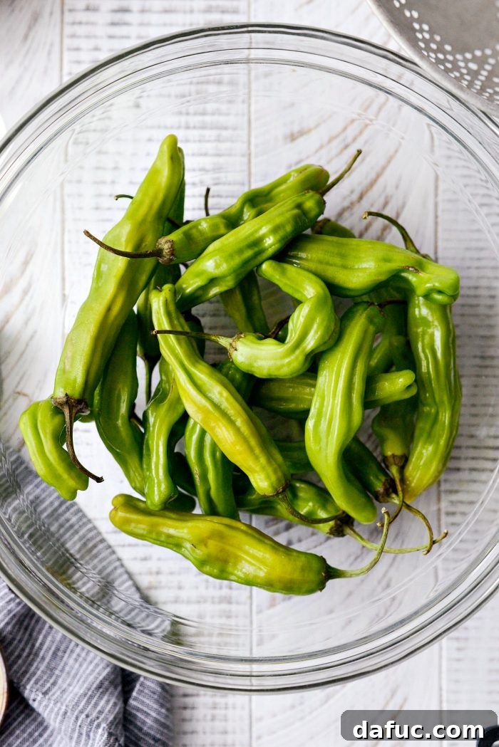Sesame-Kissed Blistered Shishito Peppers with Zesty Lemon Garlic Aioli 9 Clean shishito peppers glistening in a glass mixing bowl, ready for seasoning
