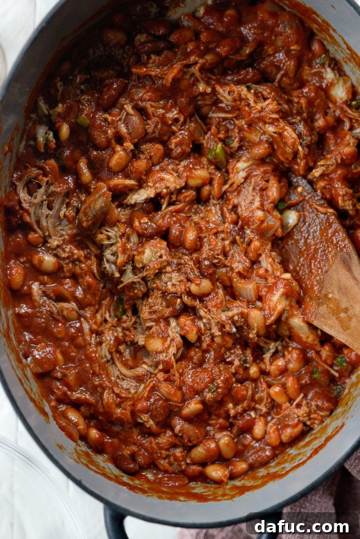 Fireside Smoky Pulled Pork Chili 11 Smoky Pulled Pork Chili after simmering, rich and thick