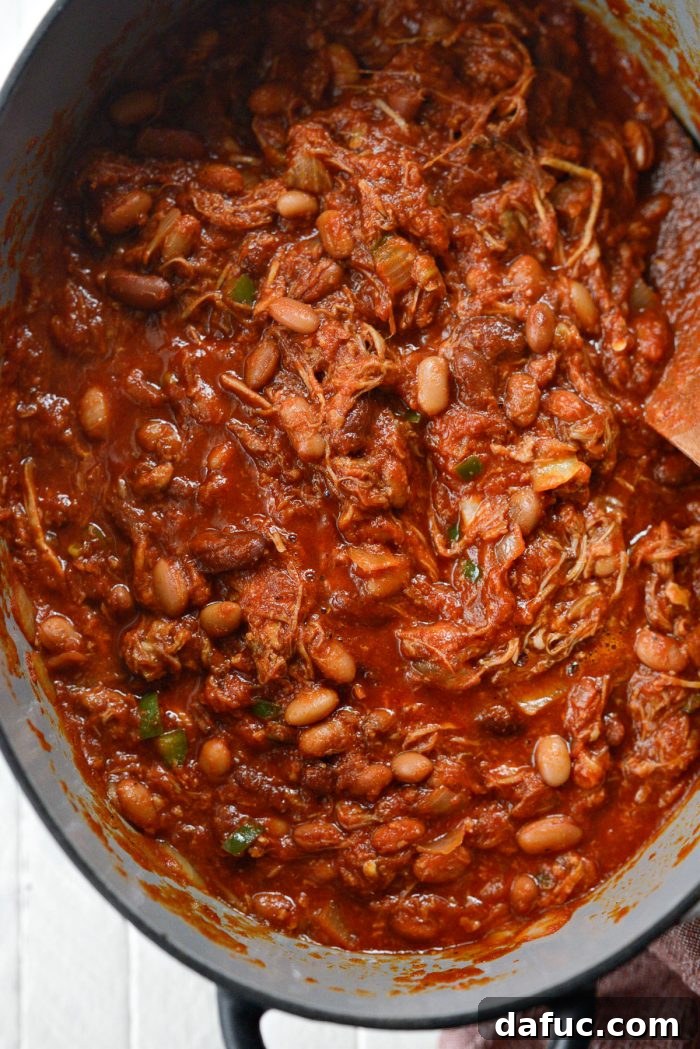 Fireside Smoky Pulled Pork Chili 12 Close-up of the delicious Smoky Pulled Pork Chili, ready to serve