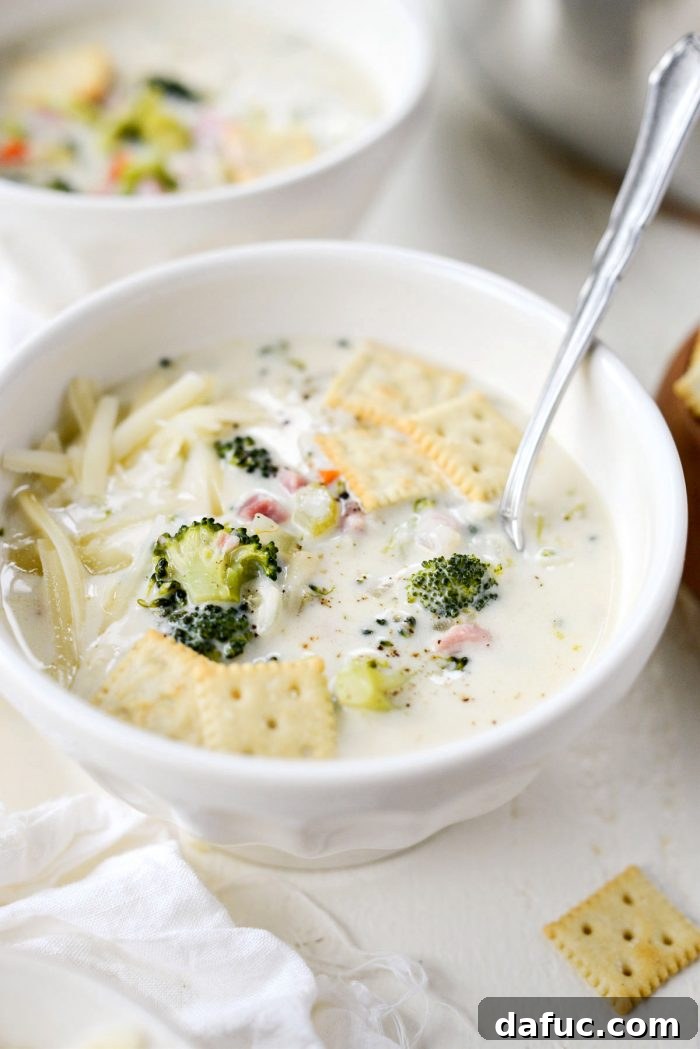 Hearty Ham, Swiss & Broccoli Delight 3 A close-up shot of the rich, creamy Broccoli Ham and Swiss Soup, showcasing its texture and ingredients.