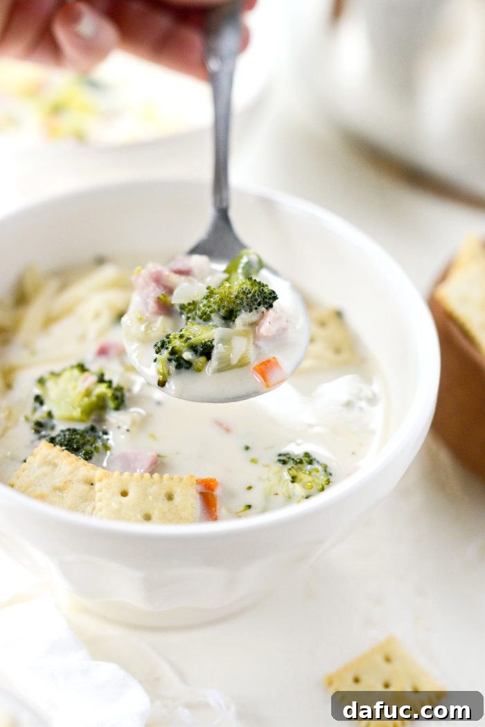 Hearty Ham, Swiss & Broccoli Delight 23 A spoonful of rich, creamy Broccoli Ham and Swiss Soup, ready to be tasted.