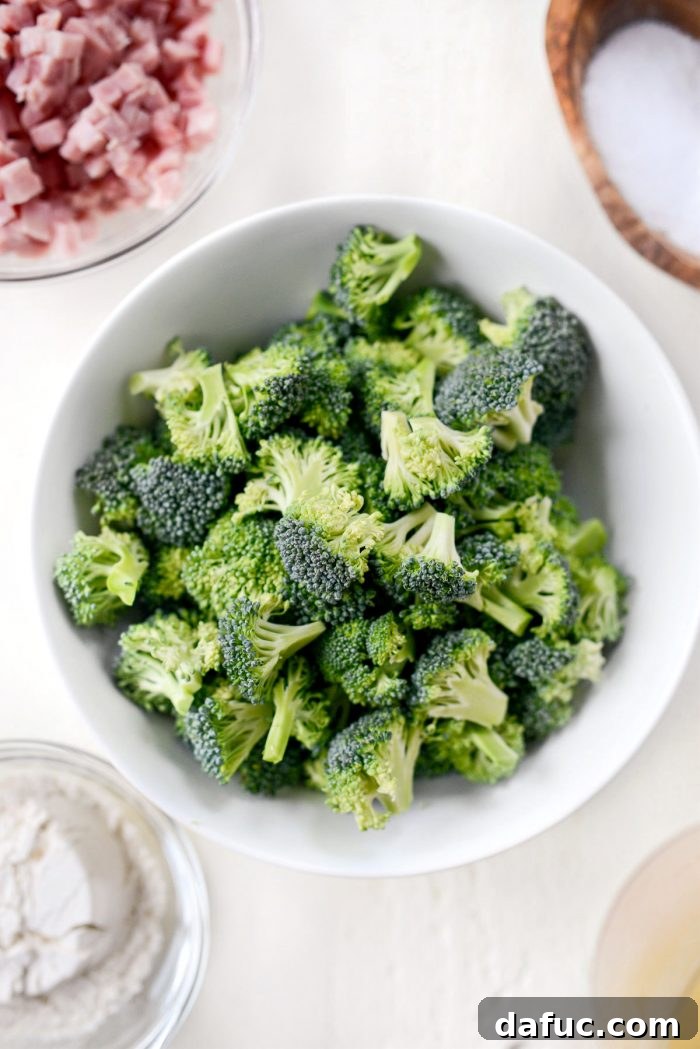 Hearty Ham, Swiss & Broccoli Delight 7 Freshly cut broccoli florets, perfectly sized for a hearty soup.