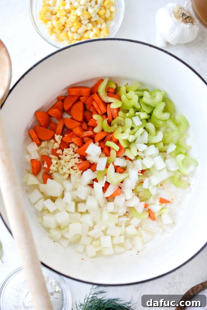 Seaside Salmon Chowder 8 Diced vegetables and garlic added to hot bacon grease.