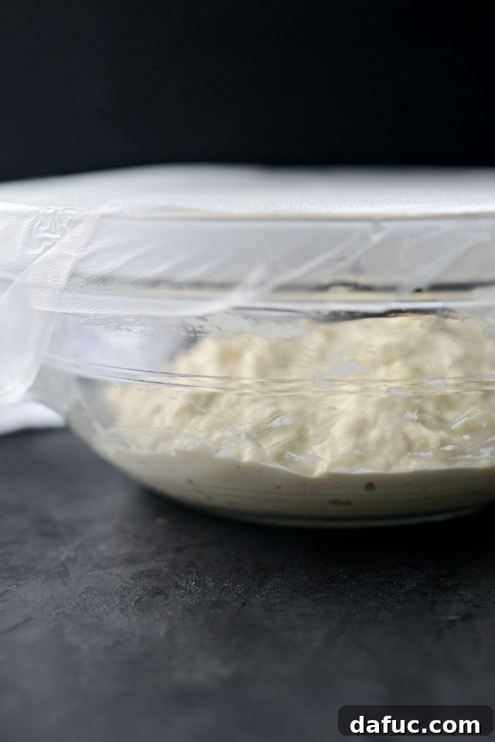 Mixing bowl covered with plastic wrap for overnight dough rise.
