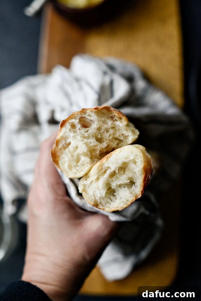 Perfectly baked No-Knead French Bread with a golden crust.