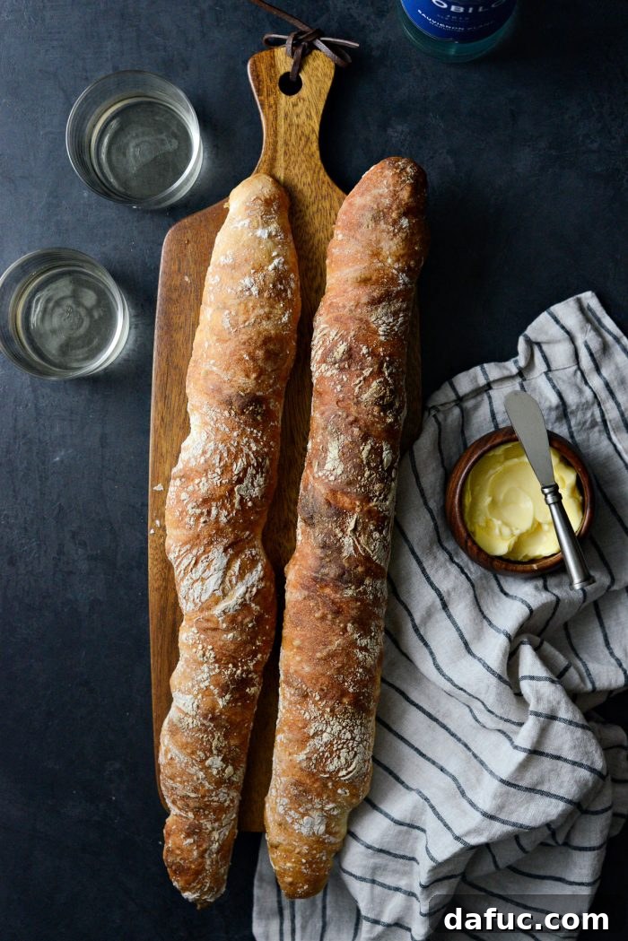 Two freshly baked No-Knead French Bread baguettes on a cooling rack.
