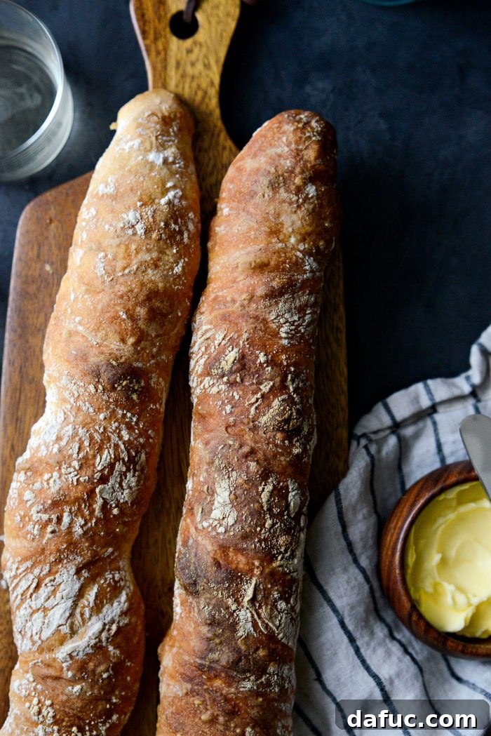 Close-up of the rustic, bubbly crust of No-Knead French Bread.
