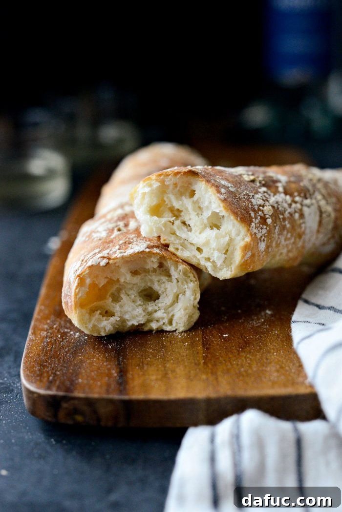 A cross-section of No-Knead French Bread revealing its airy, open crumb.