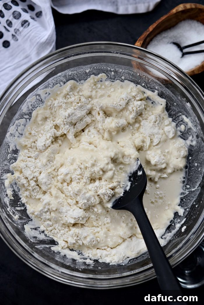 Thoroughly combined wet and sticky no-knead dough.