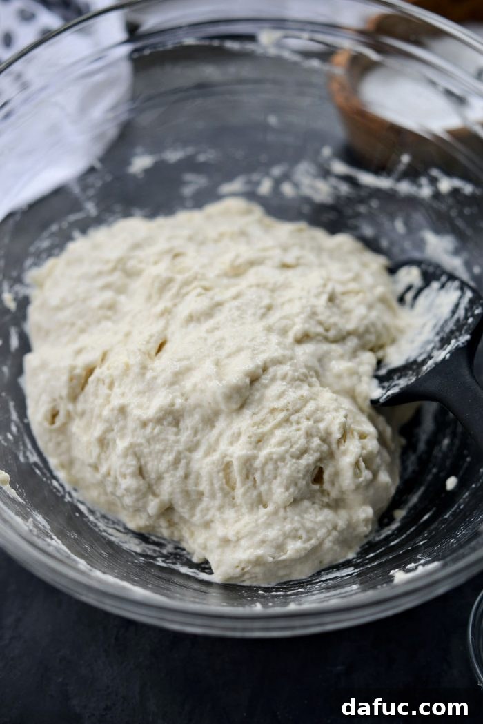 The fully combined, sticky no-knead dough in a mixing bowl.
