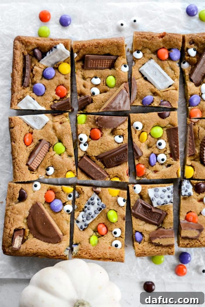 Halloween Haul Cookie Bars 2 Irresistible Halloween Candy Cookie Bars, freshly baked and topped with colorful candies and spooky edible eyes.