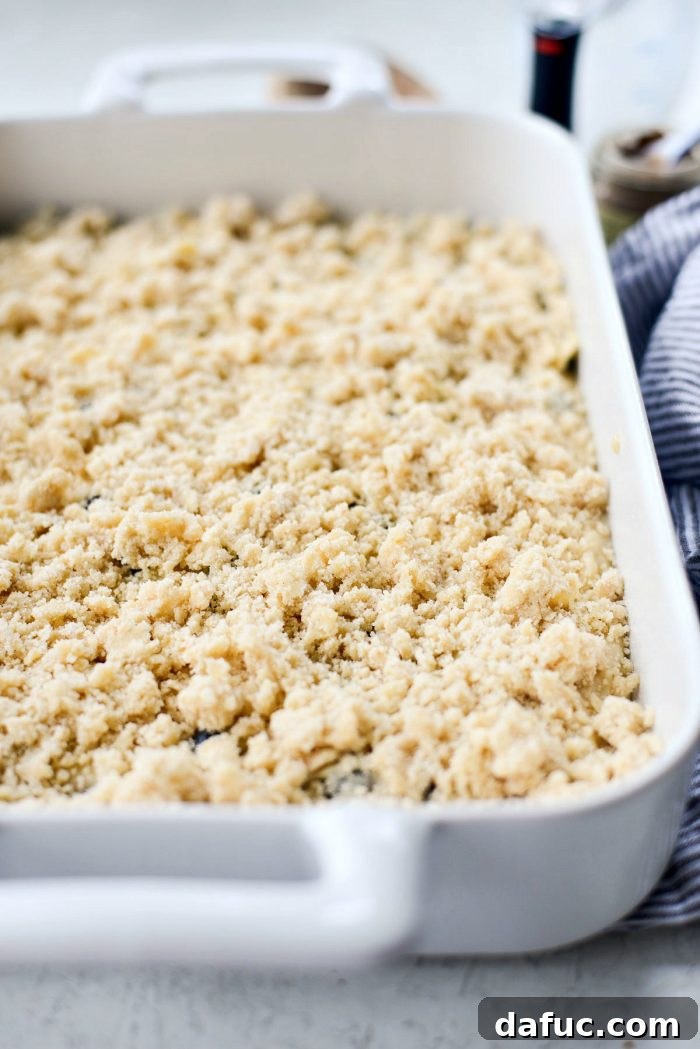 Streusel Berry Bliss 16 Sprinkling crumb topping over blueberry cake batter
