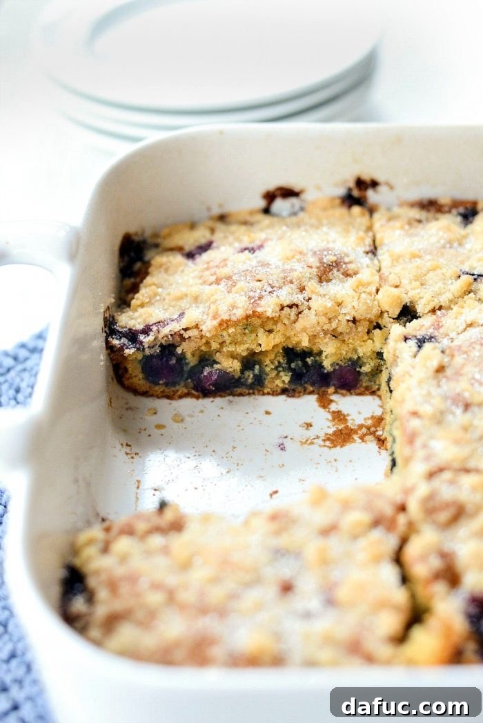 Streusel Berry Bliss 19 Slice of Blueberry Crumb Cake on a plate with coffee