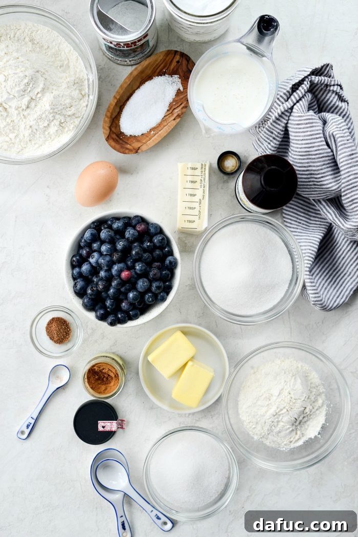 Streusel Berry Bliss 4 Ingredients laid out for making Blueberry Crumb Cake