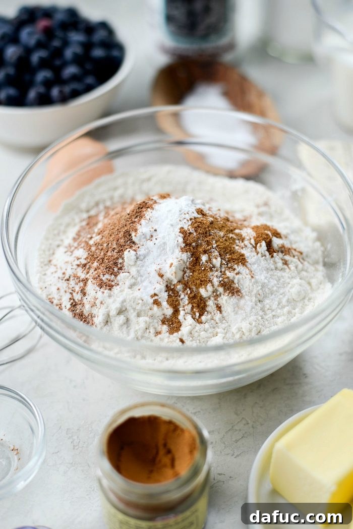 Streusel Berry Bliss 5 Measured dry ingredients in a mixing bowl