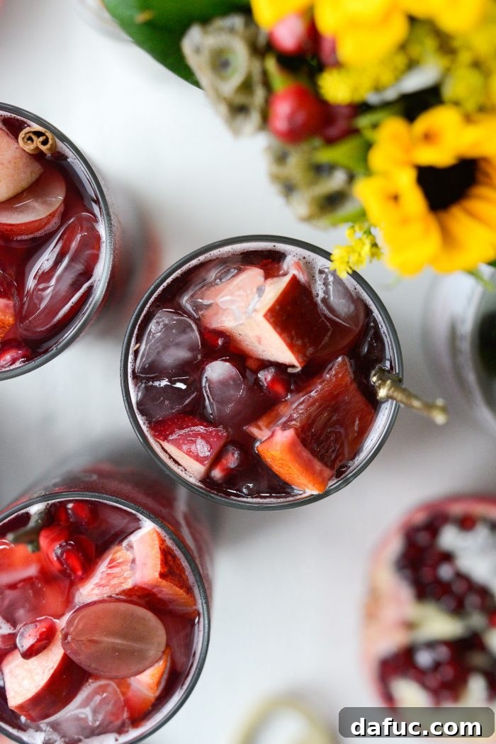 Ruby Fizz Sangria 20 Close up of fruit suspended in a glass of Pomegranate Sparkling Apple Cider Sangria