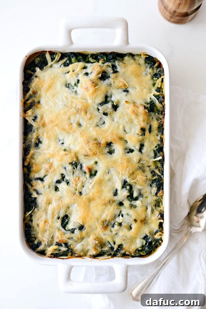 Spinach gratin baking in the oven, with the cheese melting and starting to bubble and brown.