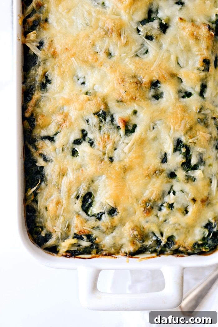 Freshly baked Spinach Gratin straight out of the oven, golden brown and bubbling, steam gently rising.
