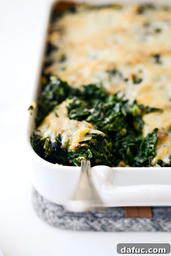 A large serving spoon resting in a freshly baked Spinach Gratin, inviting a delicious scoop.