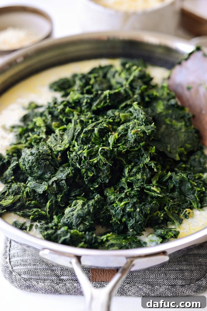 Thawed and thoroughly squeezed chopped spinach being added to the rich, creamy sauce in the skillet.
