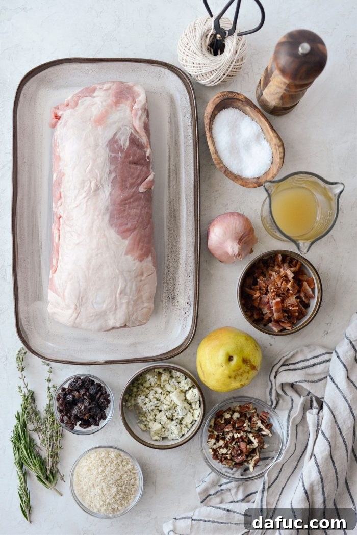 Sweet Pear, Savory Bacon, and Tangy Blue Cheese Stuffed Pork Loin 4 Ingredients laid out for Bacon Pear and Blue Cheese Stuffed Pork Loin