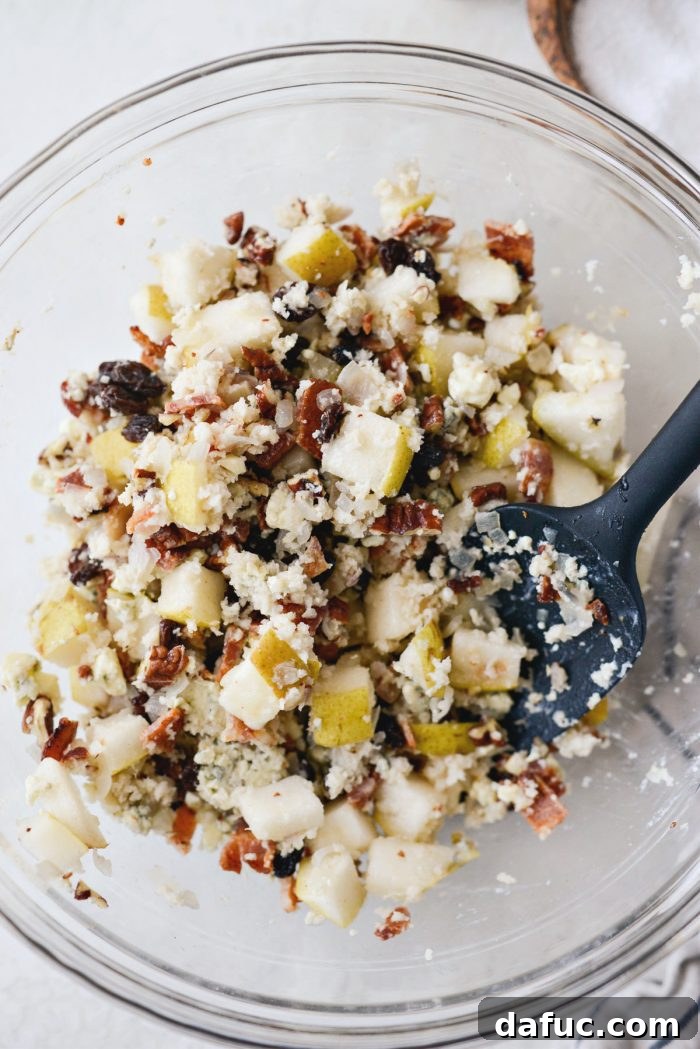 Sweet Pear, Savory Bacon, and Tangy Blue Cheese Stuffed Pork Loin 9 Close-up of the flavorful stuffing mixture