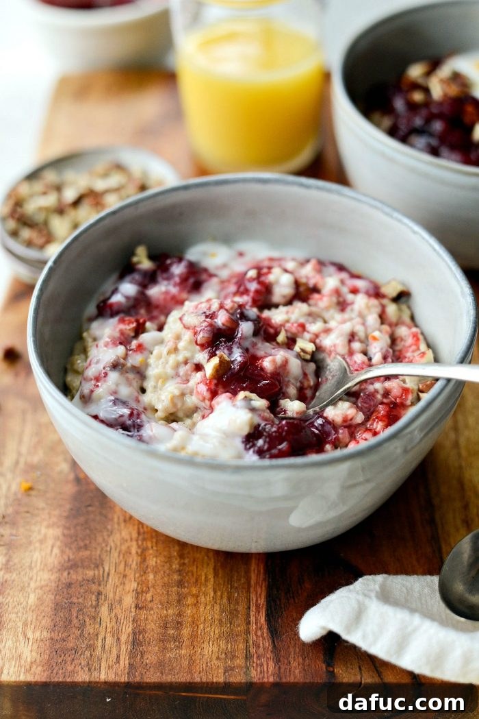 A cozy bowl of Cranberry Orange Steel Cut Oats, garnished with leftover cranberry sauce, a dollop of vanilla yogurt, and crunchy toasted pecans.