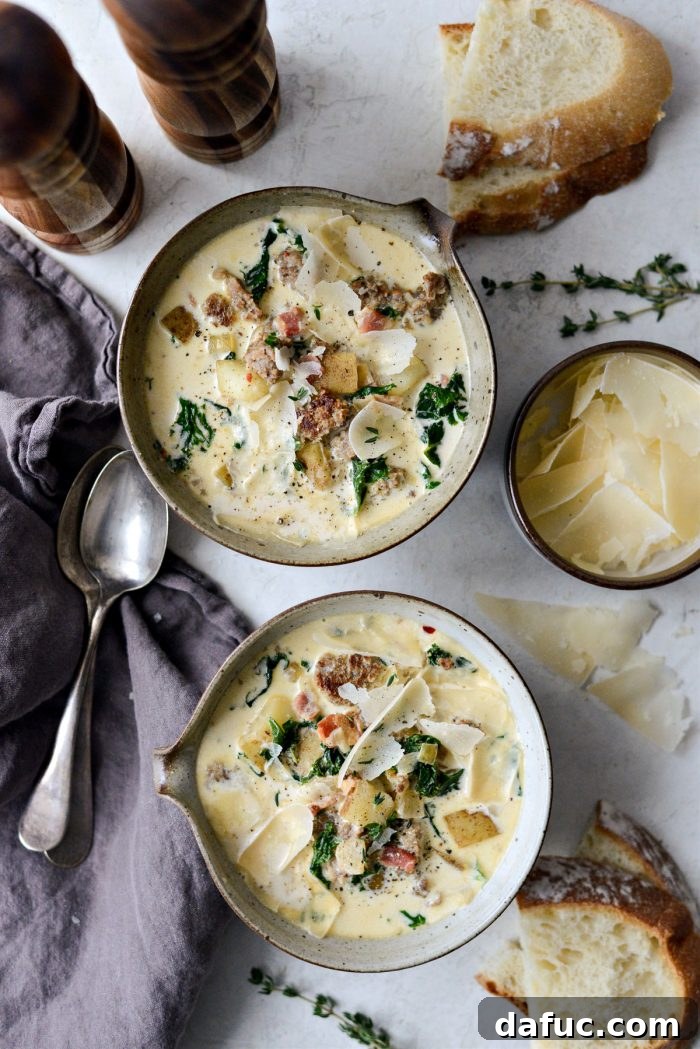 Two bowls of Zuppa Toscana, garnished with Parmesan cheese and fresh thyme, with slices of crusty bread on the side.