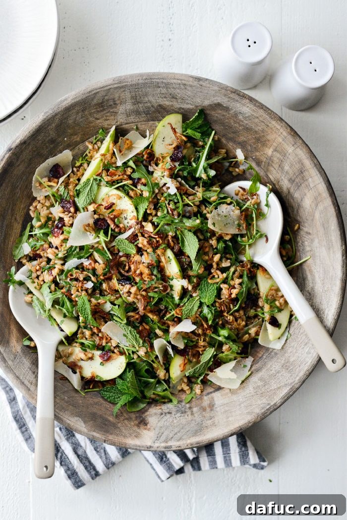 A beautifully presented Winter Farro Salad with Crispy Fried Shallots, showcasing vibrant ingredients like green apples, cranberries, and arugula on a rustic wooden surface.
