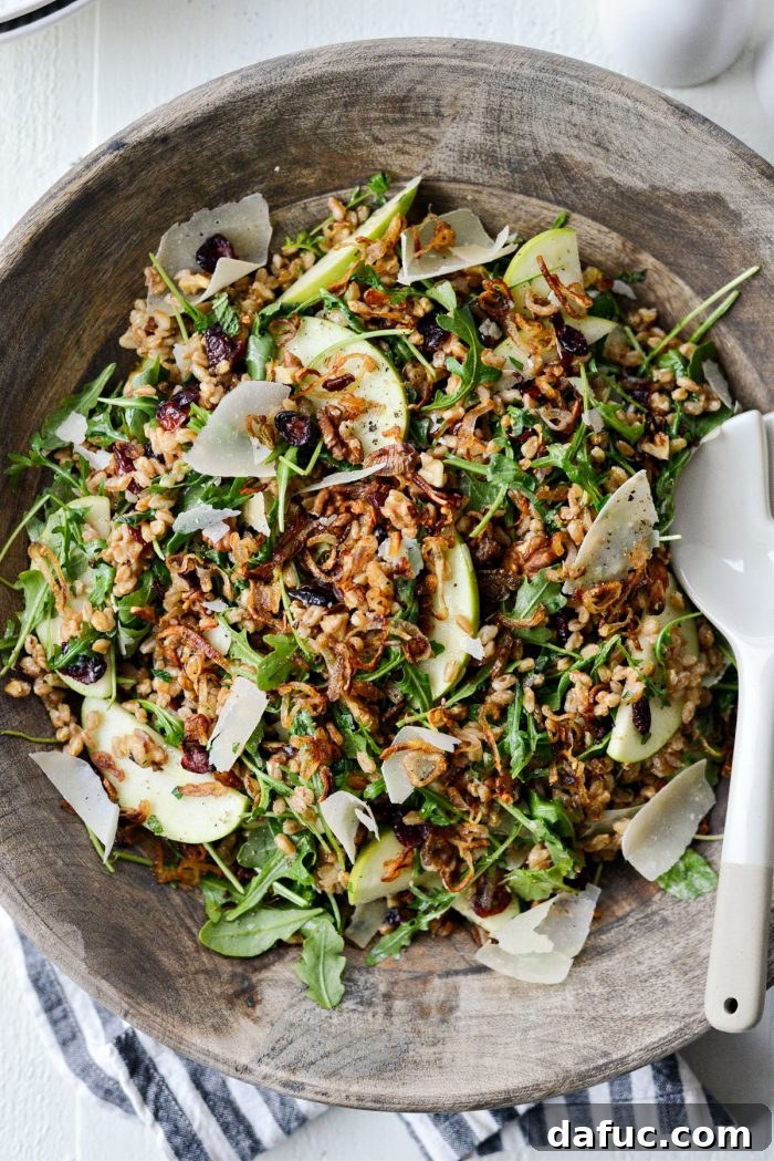 The completed Winter Farro Salad, vibrant and ready to be topped with crispy fried shallots, showcasing its appealing medley of colors and textures.