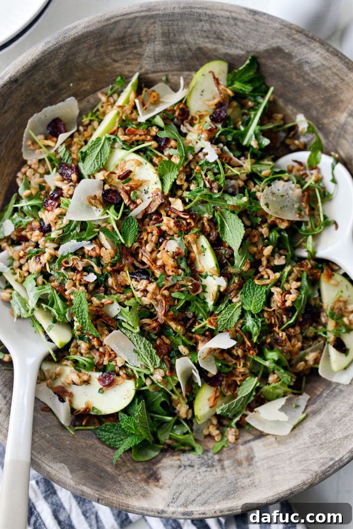 The magnificent Winter Farro Salad with Crispy Fried Shallots, garnished with fresh herbs, ready to be served and enjoyed.