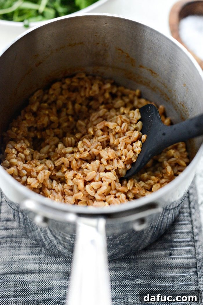 Perfectly cooked farro grains in a bowl, ready to be incorporated into the vibrant winter salad.