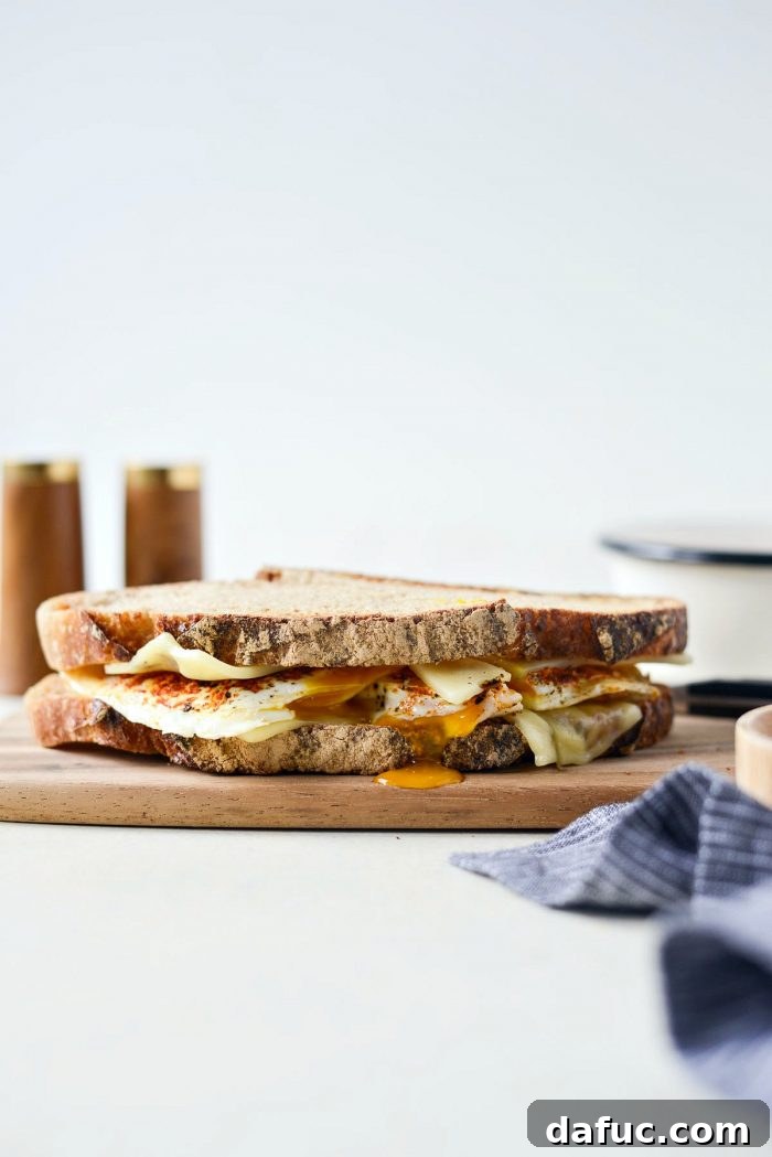 A fully assembled fried egg sandwich, featuring two fried eggs and melted cheese between slices of toasted bread, ready to be cut and served.