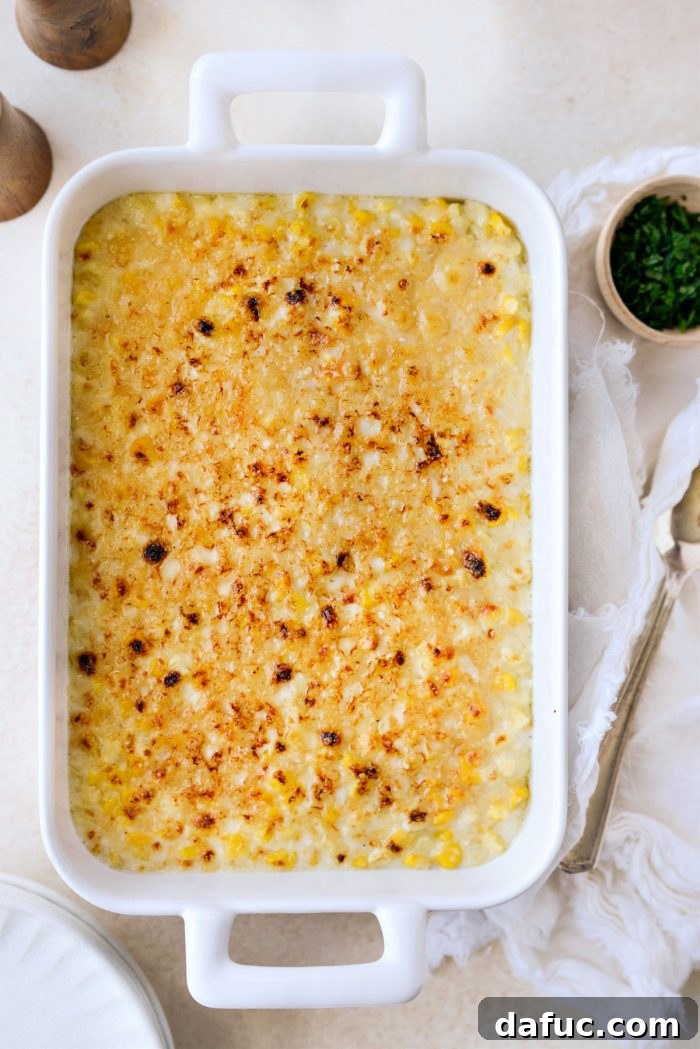 Golden Garlic Parmesan Corn Gratin 18 Parmesan Garlic Corn Au Gratin baking under the broiler until golden