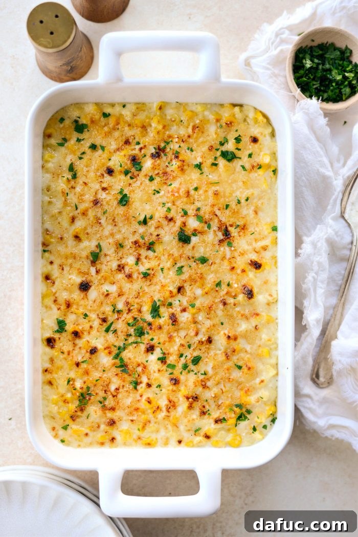 Golden Garlic Parmesan Corn Gratin 19 Finished Parmesan Garlic Corn Au Gratin with minced parsley on top