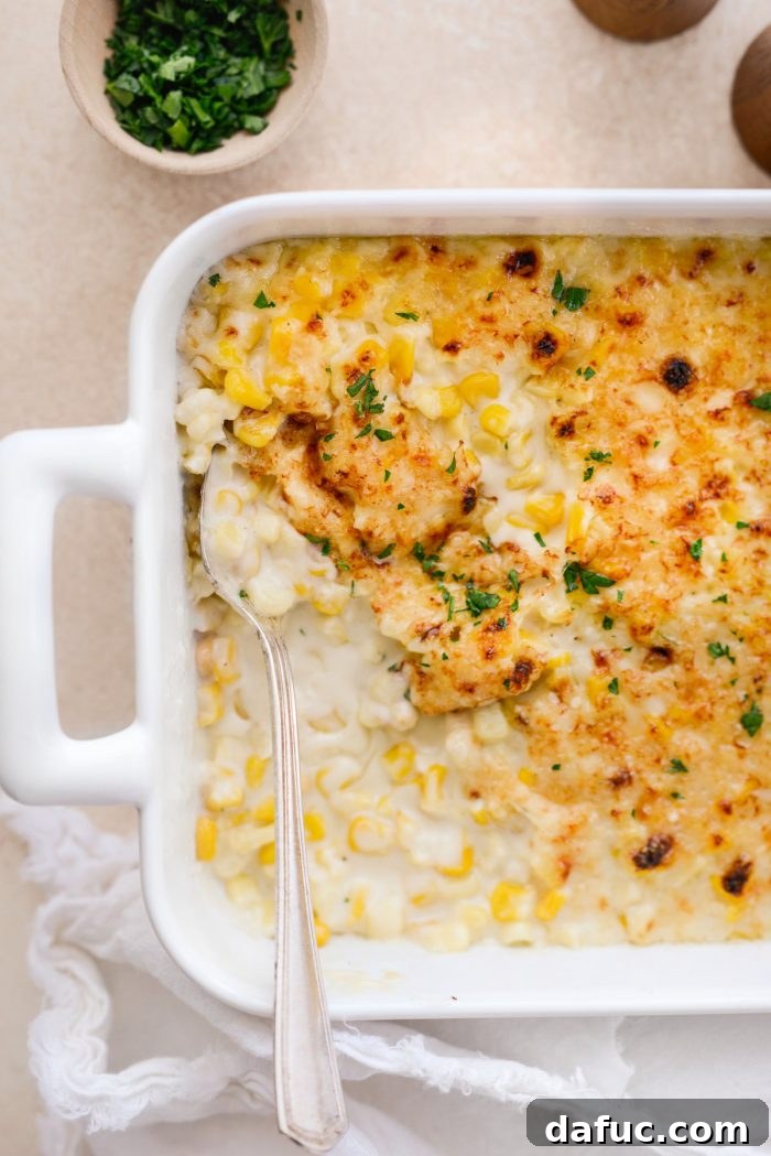 Golden Garlic Parmesan Corn Gratin 21 Parmesan Garlic Corn Au Gratin in a casserole dish, ready to serve