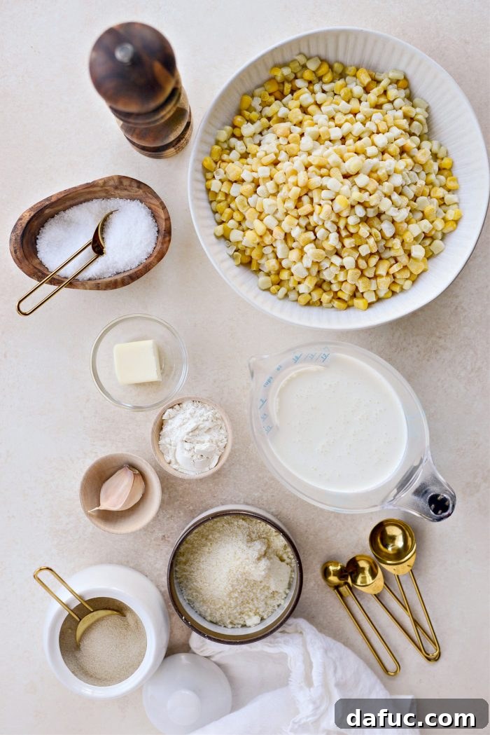 Golden Garlic Parmesan Corn Gratin 4 Ingredients for Parmesan Garlic Corn Au Gratin laid out on a counter