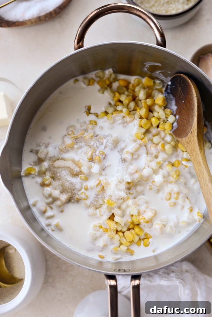 Golden Garlic Parmesan Corn Gratin 8 Stirring corn and cream mixture in a saucepan