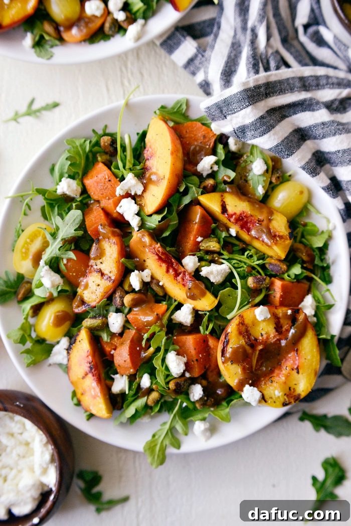 Grilled Peach and Sweet Potato Arugula Salad with Balsamic Vinaigrette