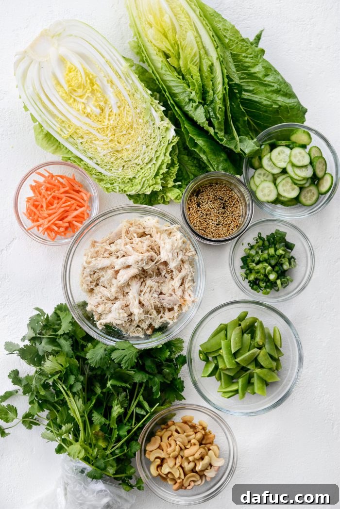 Ingredients for Asian Cashew Chicken Mason Jar Salad laid out on a kitchen counter.