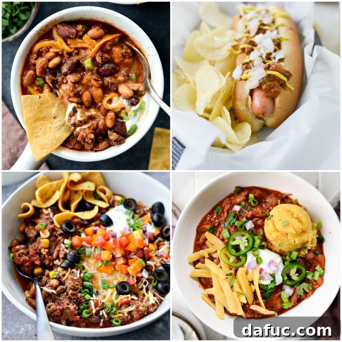 50 Ultimate Game Day Recipes 5 A comforting bowl of chili with various toppings, perfect for a game day gathering on a cold day.