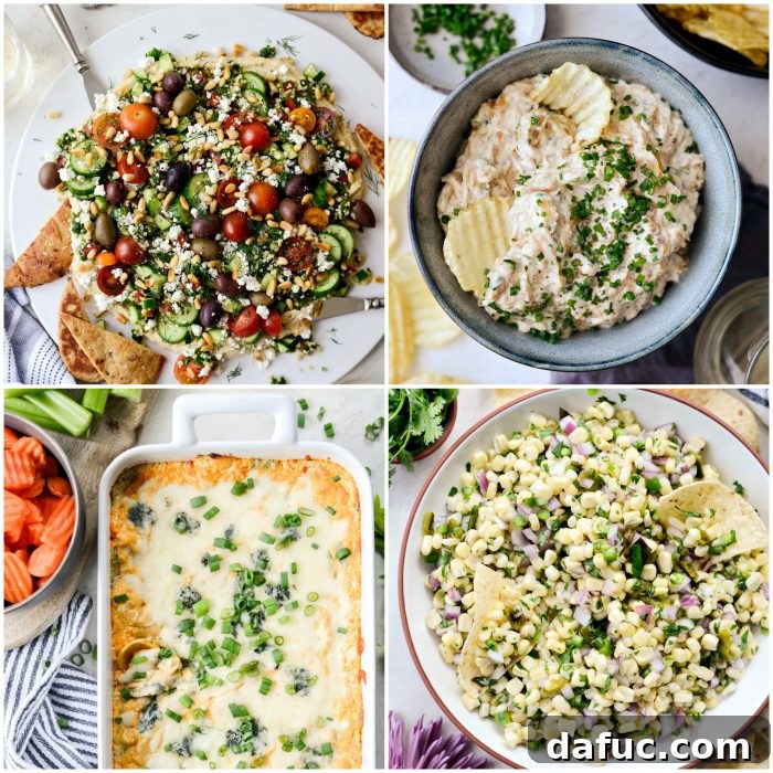 50 Ultimate Game Day Recipes 6 A vibrant display of various game day dips, including guacamole, salsa, and cheesy options, ready for chips and veggies.
