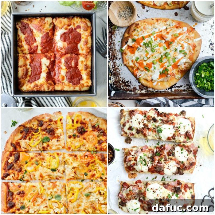 50 Ultimate Game Day Recipes 8 An appetizing spread of various game day pizzas and flatbreads, showcasing different toppings and crusts.