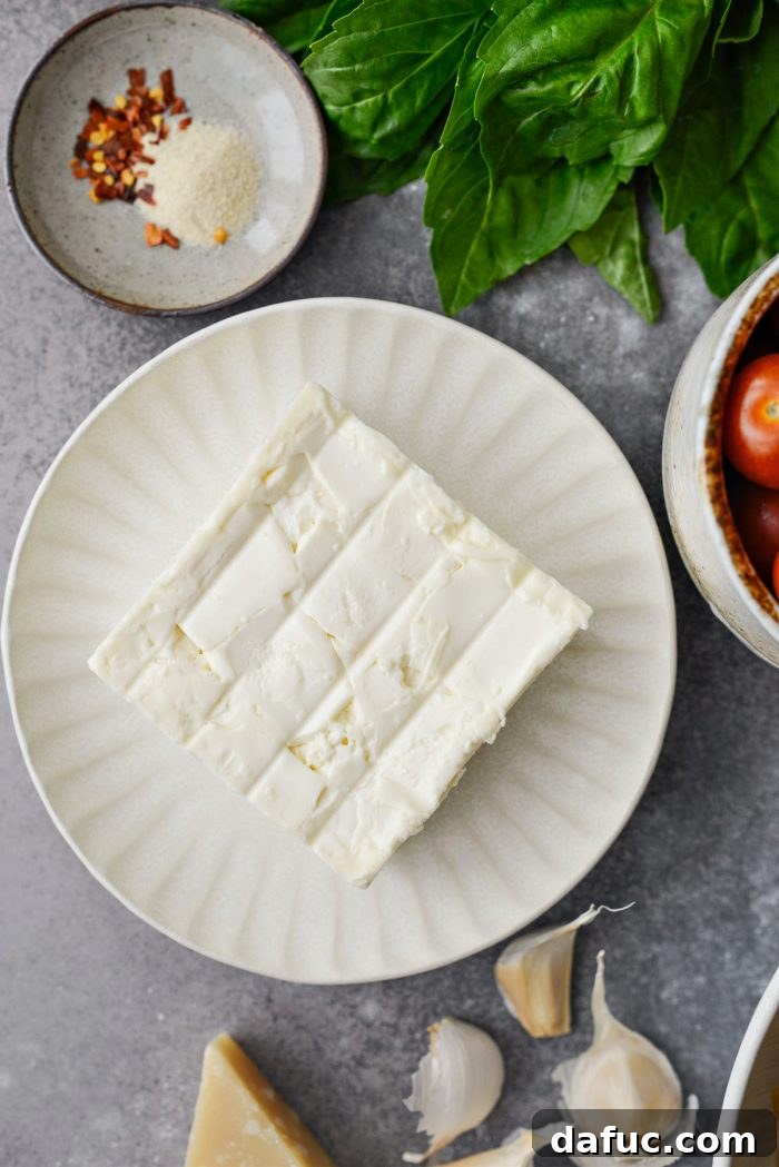 Blistered Tomato Feta Pasta 5 Block of feta cheese in its brine