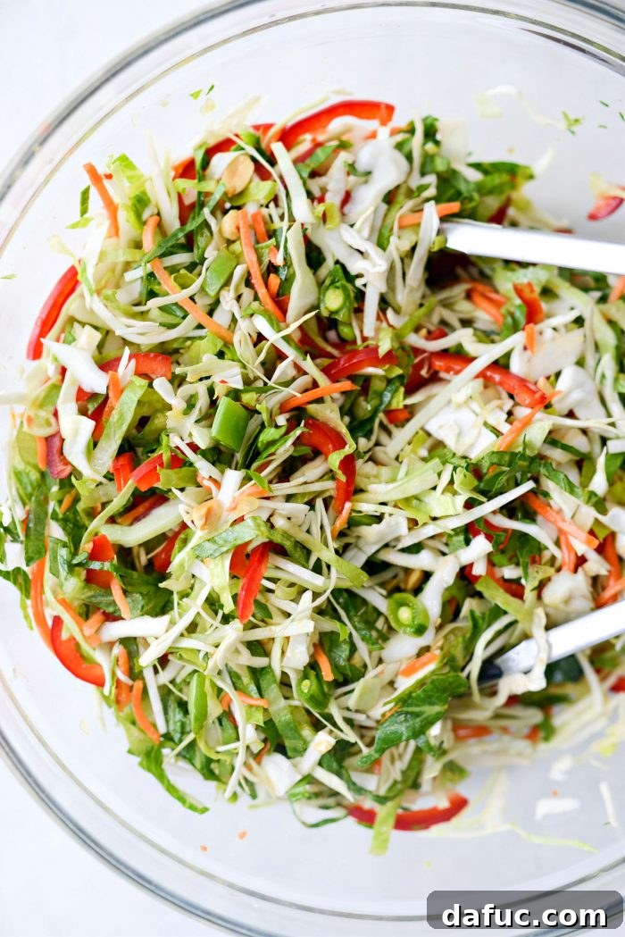 Zesty Thai Cabbage Slaw 9 Tossing the Thai Cabbage Salad ingredients with the dressing to combine.