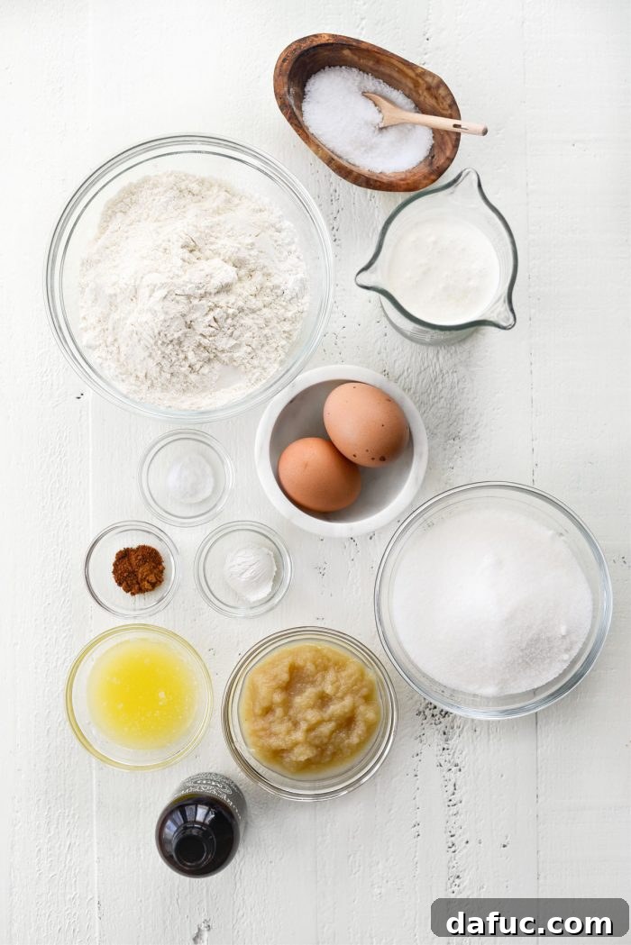 All the ingredients for Glazed Buttermilk Cake Doughnuts laid out on a kitchen counter, including flour, sugar, spices, eggs, applesauce, butter, vanilla, and buttermilk.